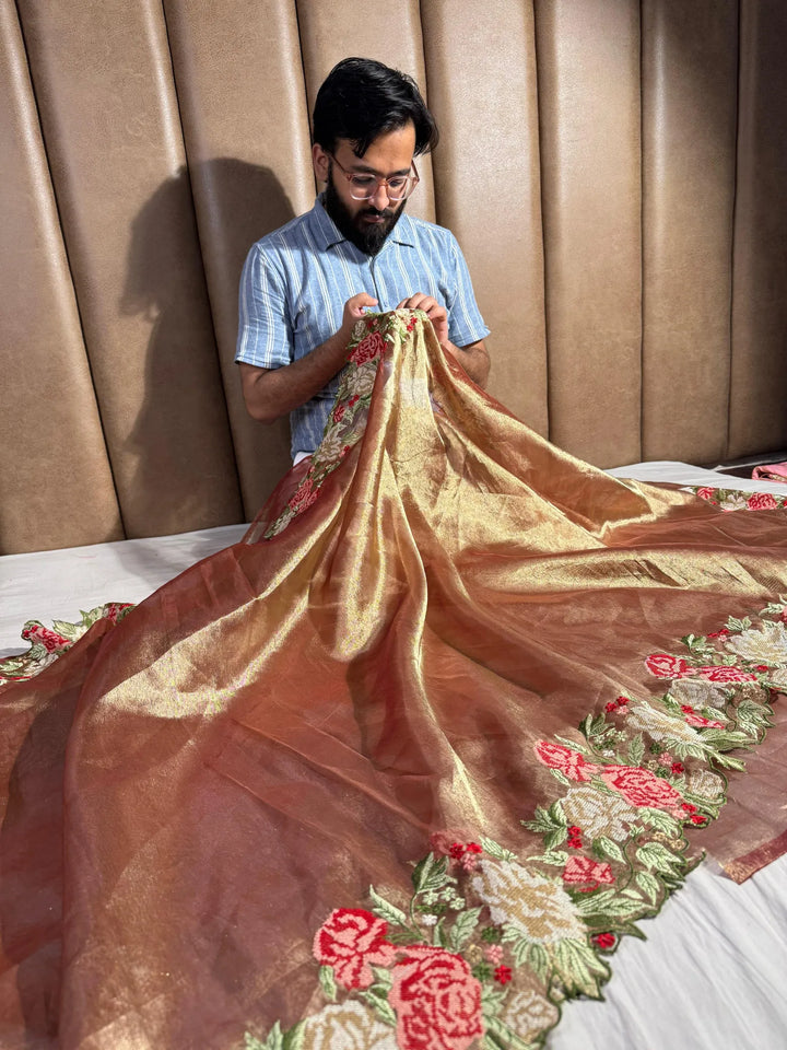 Premium banarasi crochet work tissue silk saree with scaleup border