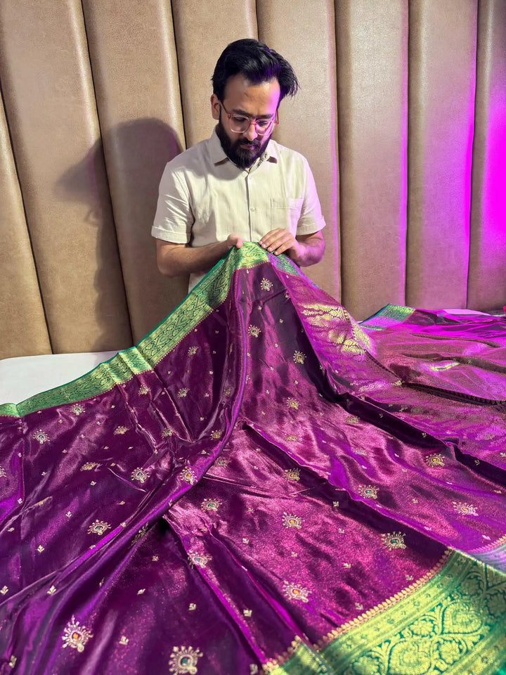 Premium banarasi satin katan silk saree with embroidery work and contrast rich pallu