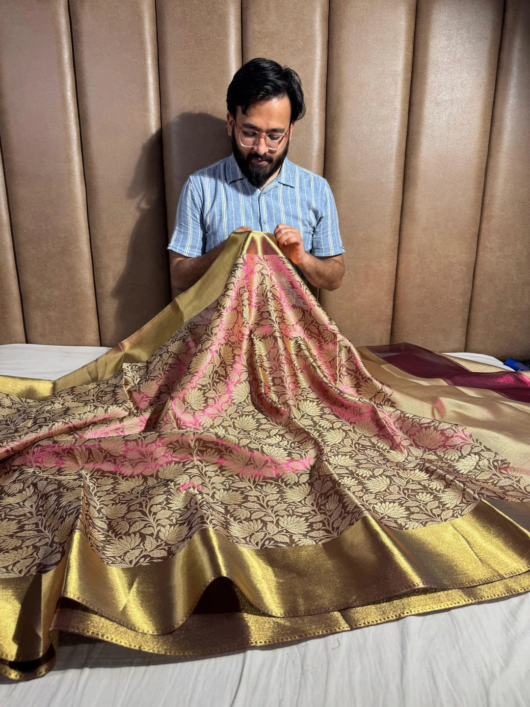 Premium banarasi tissue silk with resham embossed work & rich pallu