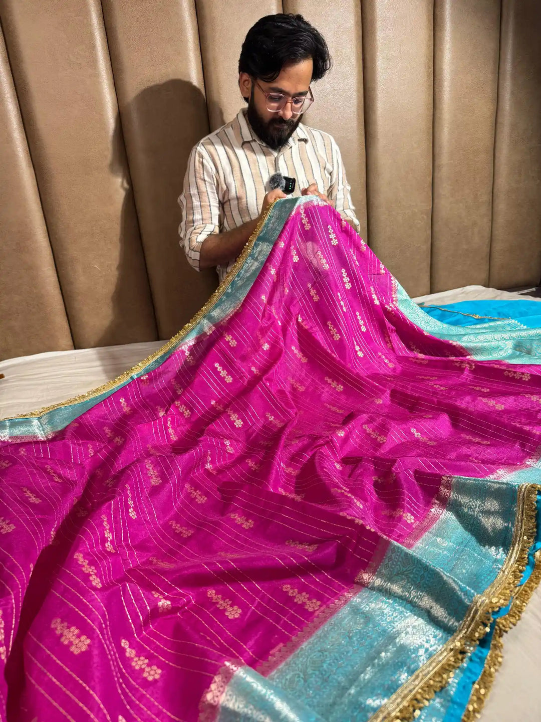 Premium duppion silk saree with rich pallu and lacework