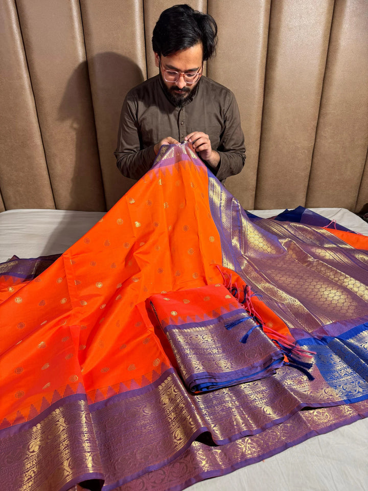 Premium orange dharmavarm pattu silk saree with contrast rich pallu and blouse