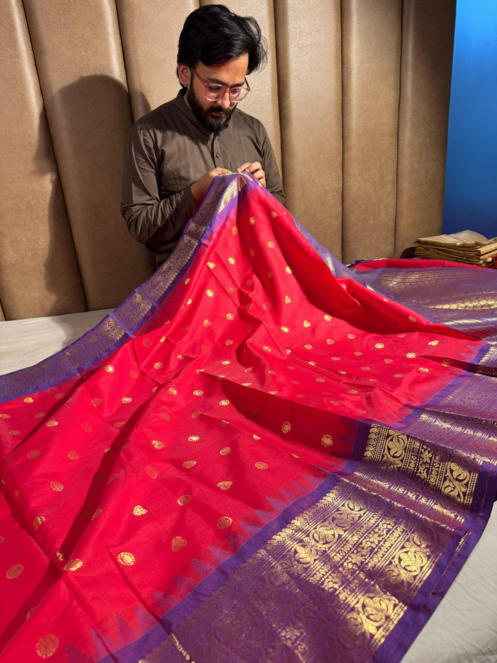 Premium red dharmavarm pattu silk saree with contrast rich pallu and blouse