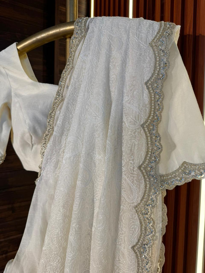 Ivory Pure Mul Chanderi Silk Lace Work Chikankari Banarasi Saree