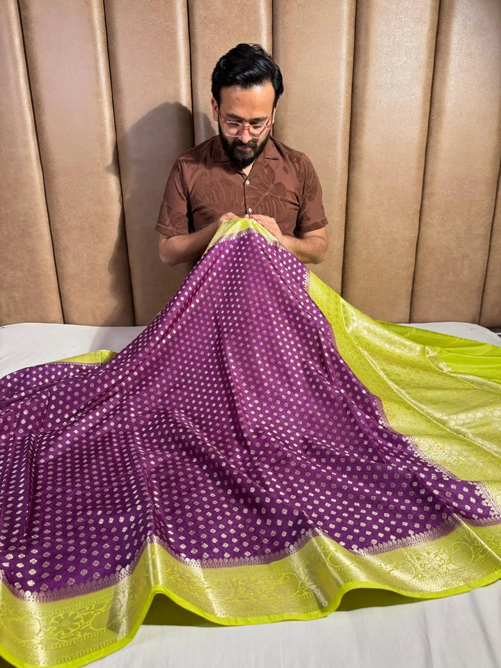 Purple Banarasi Khaddi Buti Georgette Silk Saree with Rich Pallu and Blouse