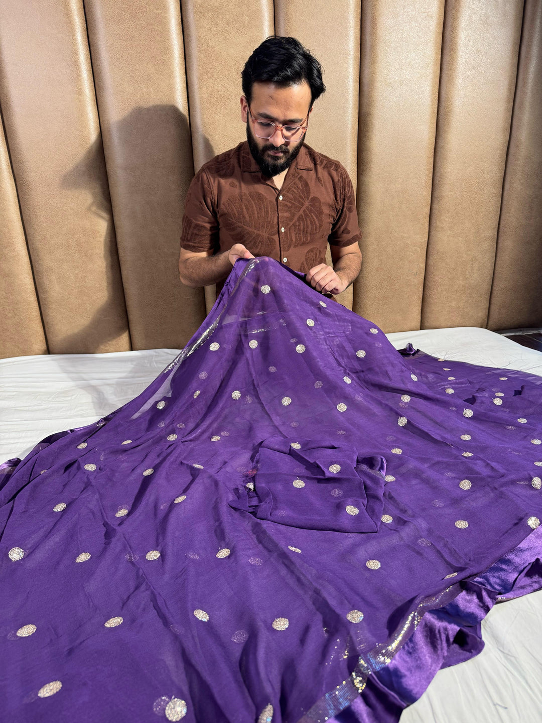 Purple Georgette Silk Saree With Sequins Work
