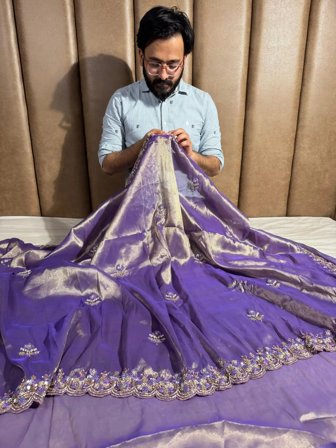 Purple Handwork limited edition saree with exclusive lightweight dual tone tissue silk saree