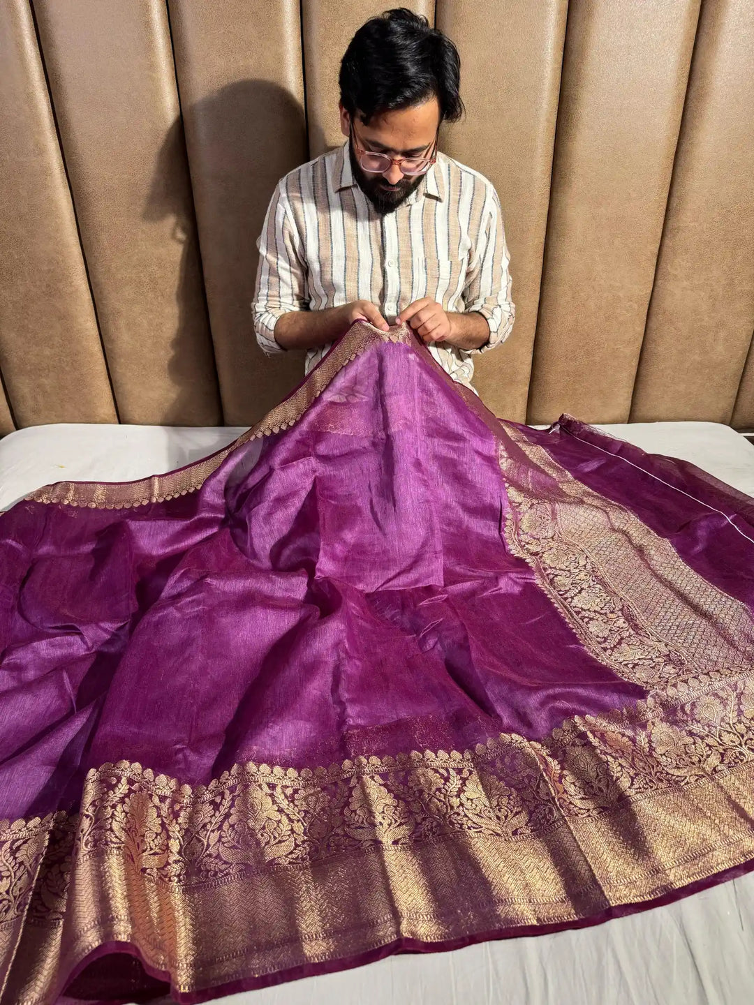 Purple Pure Banarasi Linen Silk Saree with Rich Pallu and Blouse