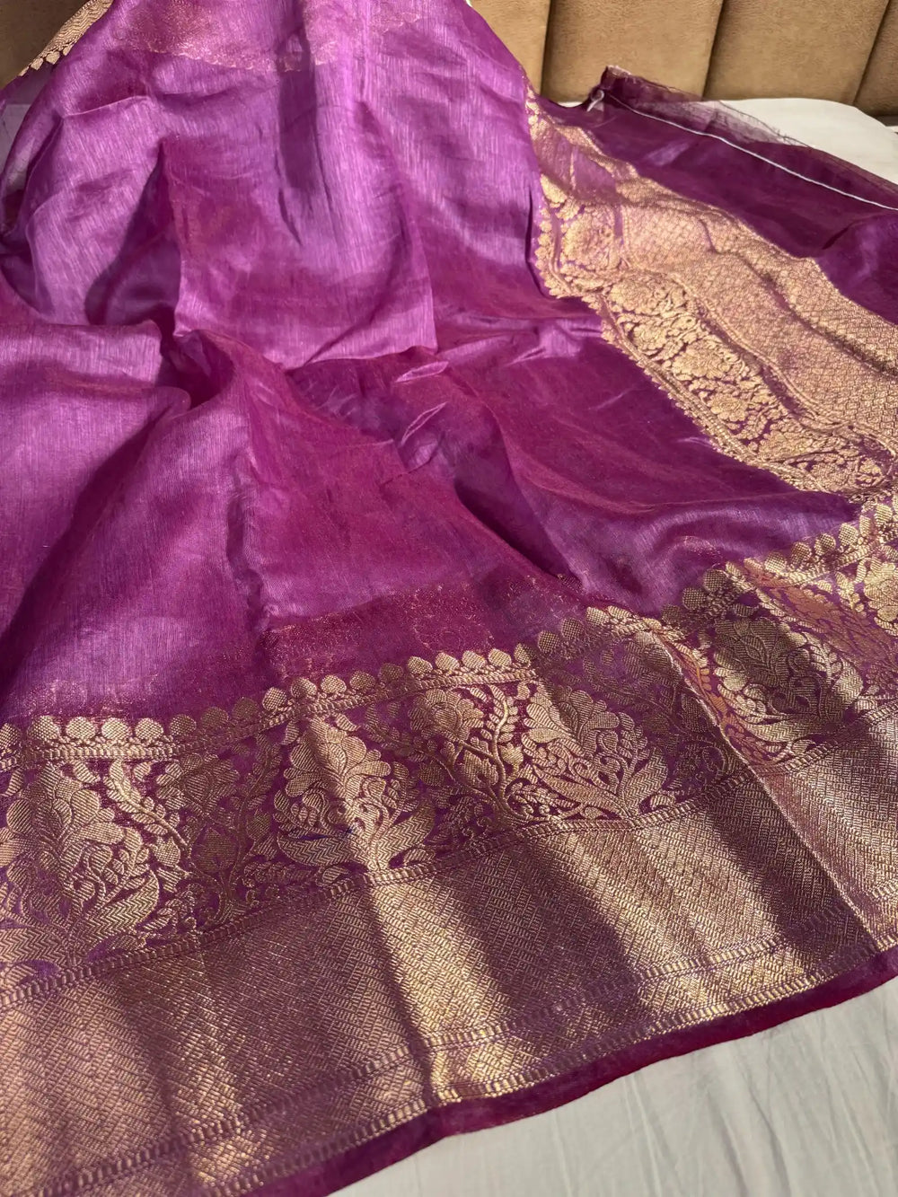 Purple Pure Banarasi Linen Silk Saree with Rich Pallu and Blouse
