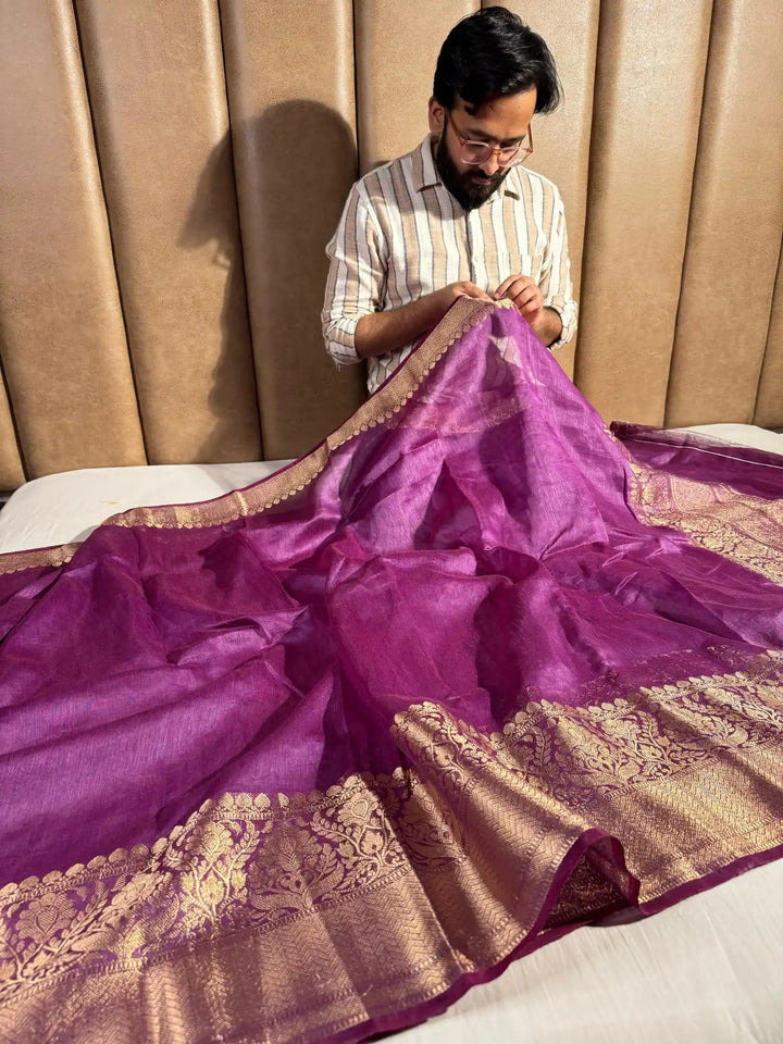 Purple Pure Banarasi Linen Silk Saree with Rich Pallu and Blouse
