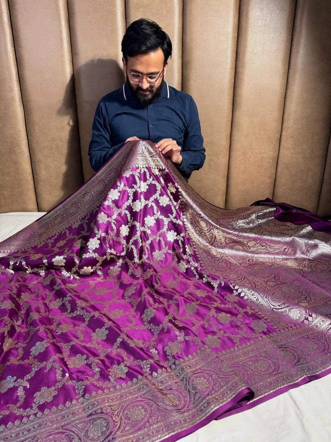 Purple Satin Katan Silk Floral Jaal Banarasi Sare
