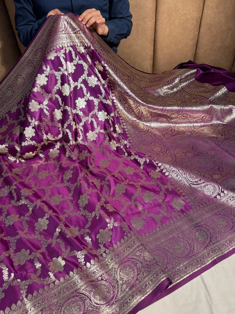Purple Satin Katan Silk Floral Jaal Banarasi Sare