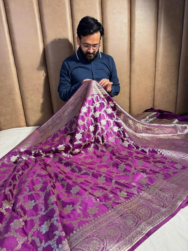 Purple Satin Katan Silk Floral Jaal Banarasi Sare