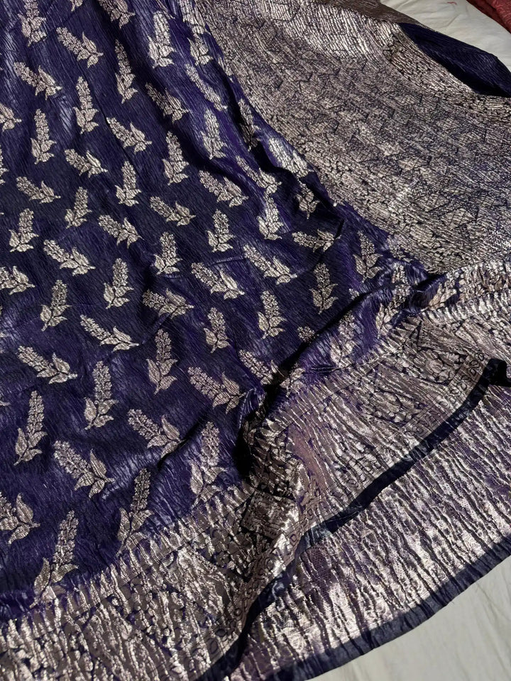 Purple Taupe Pashmina silk saree with vertical crush pattern and rich pallu