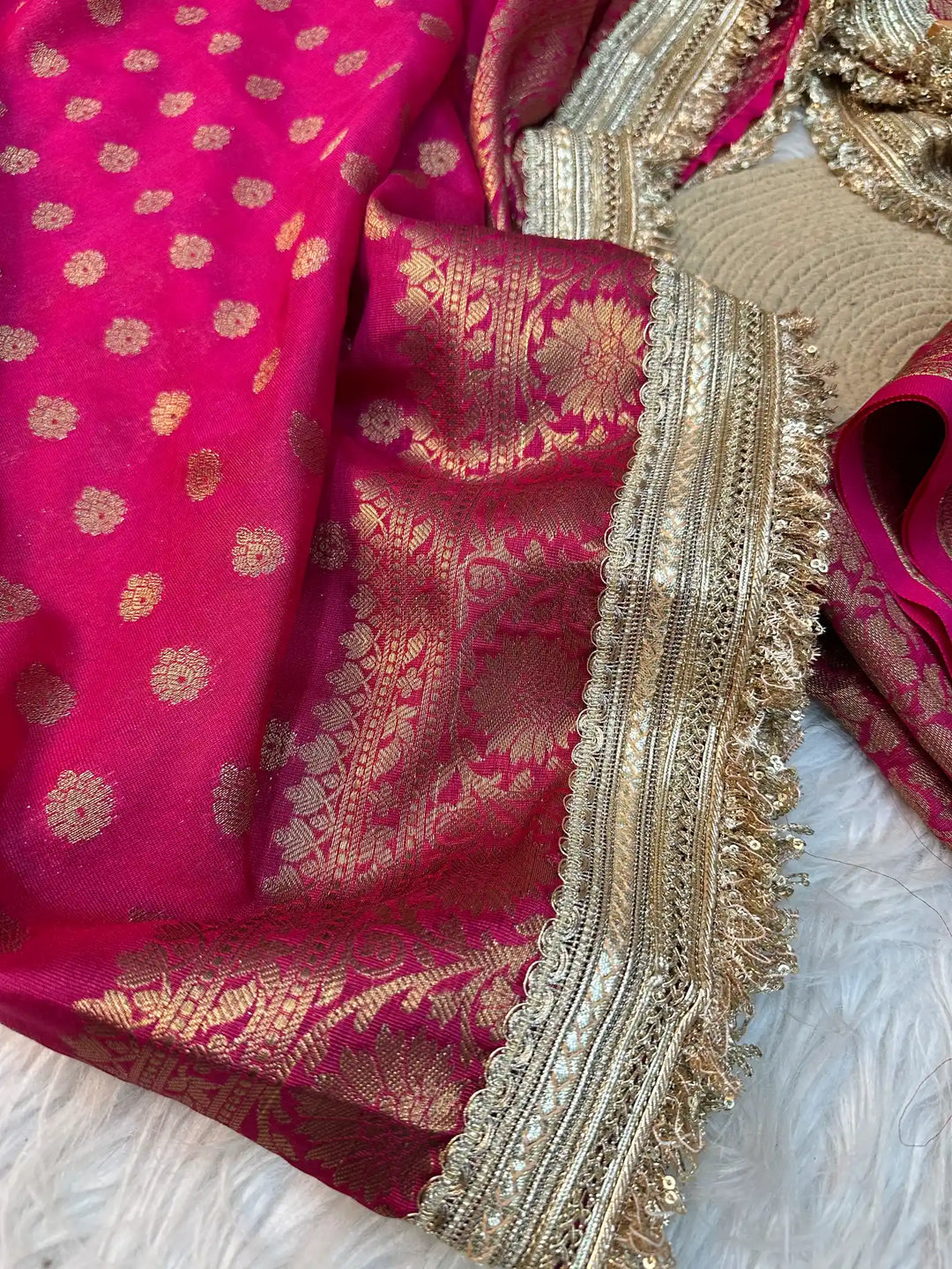 Rani Pink Banarasi Khaddi Buti Georgette Silk Saree with Rich Pallu and Exclusive Lacework