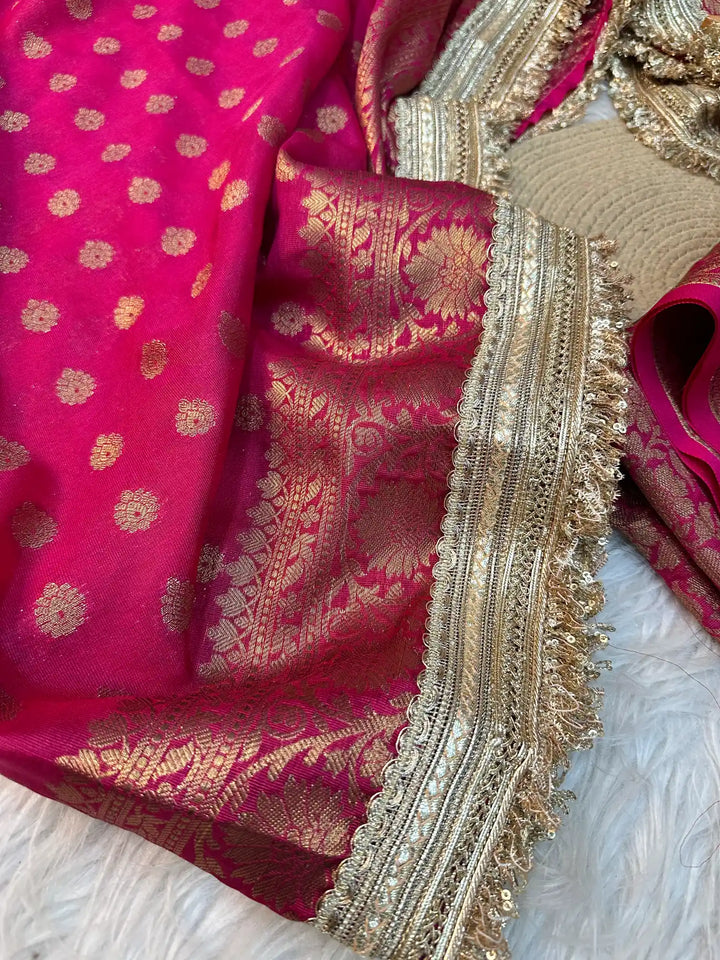 Rani Pink Banarasi Khaddi Buti Georgette Silk Saree with Rich Pallu and Exclusive Lacework
