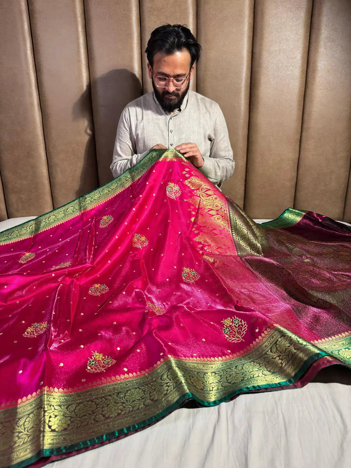 Rani Pink Banarasi Satin Katan Silk Saree with Embroidery Work