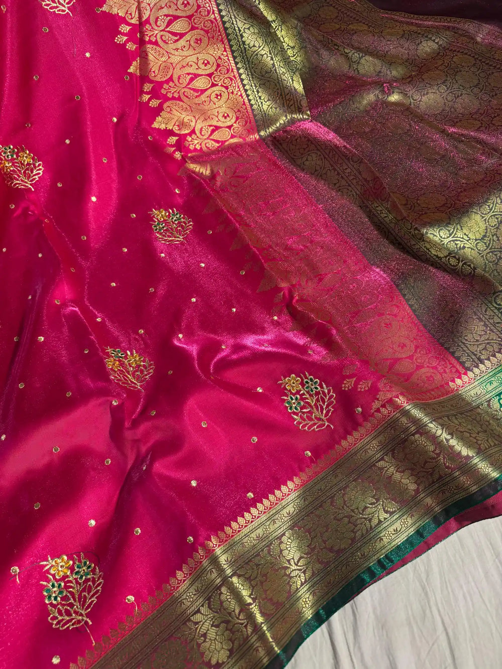 Rani Pink Banarasi Satin Katan Silk Saree with Embroidery Work