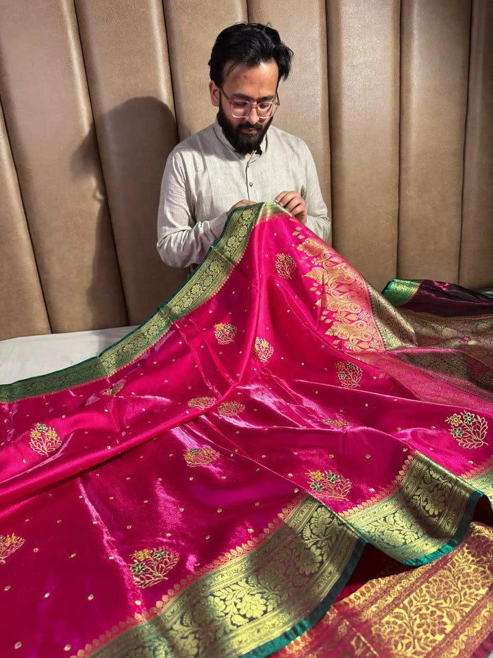 Rani Pink Banarasi Satin Katan Silk Saree with Embroidery Work