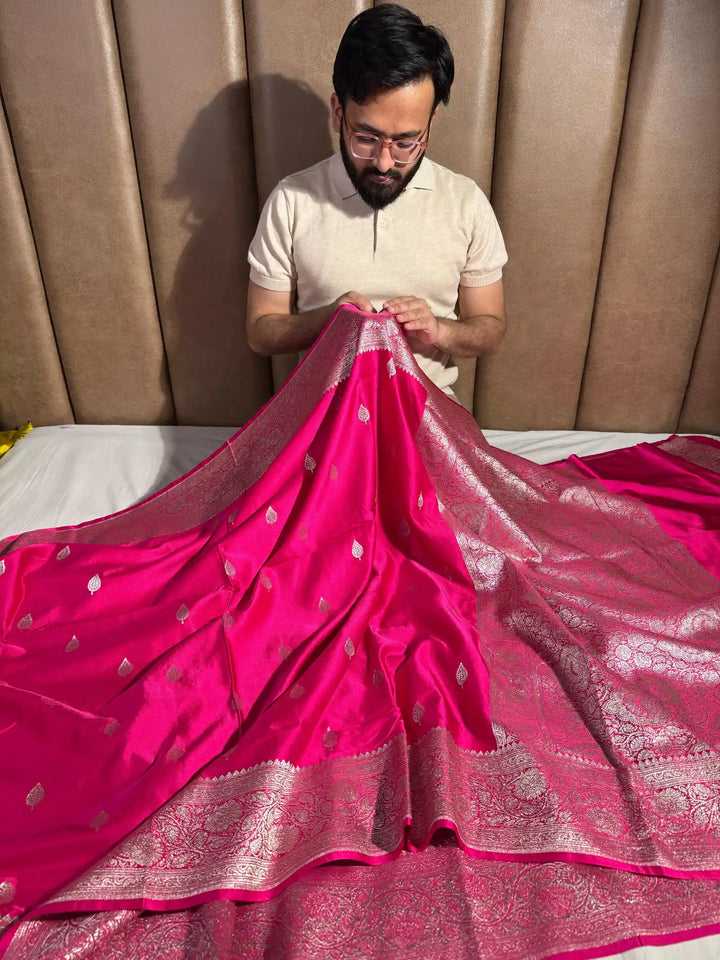 Rani Pink Mashru Katan Silk Banarasi Saree with Rich Pallu and Blouse