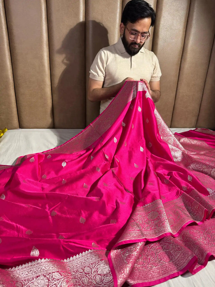 Rani Pink Mashru Katan Silk Banarasi Saree with Rich Pallu and Blouse