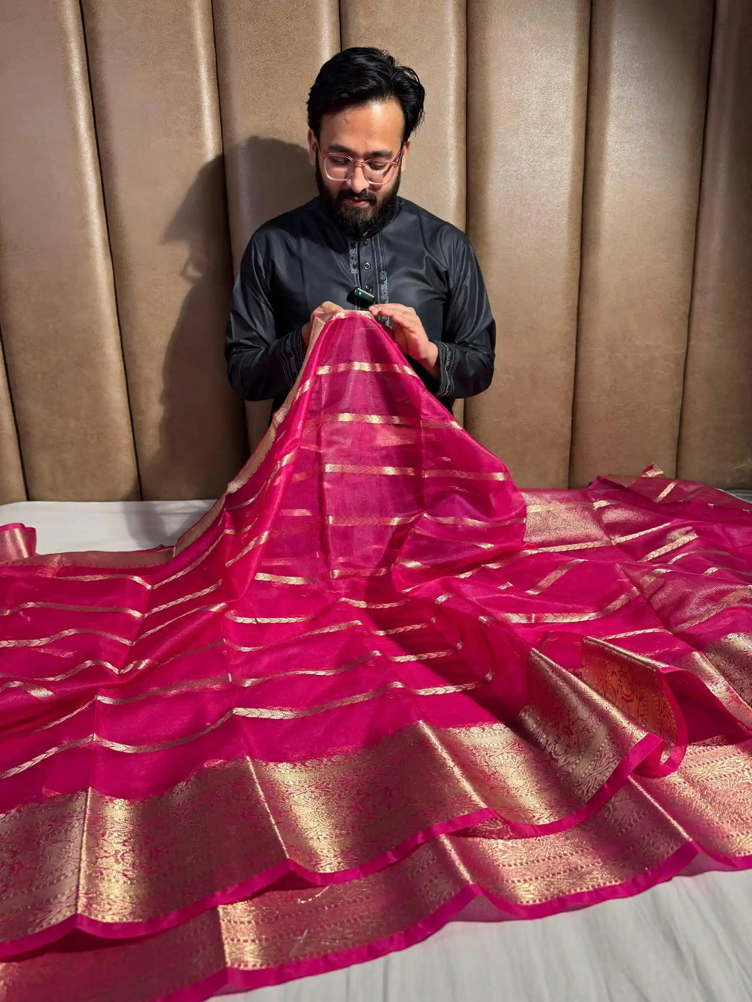 Rani Pink Organza Silk Banarasi Saree