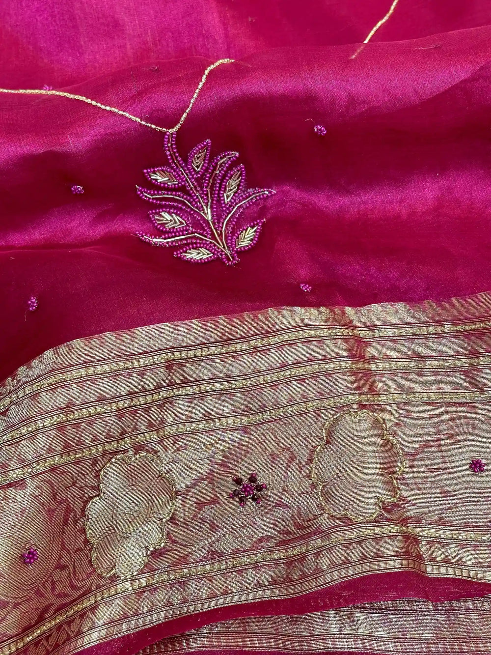 Rani Pink Premium Handwork Pure Tissue Silk Banarasi Saree