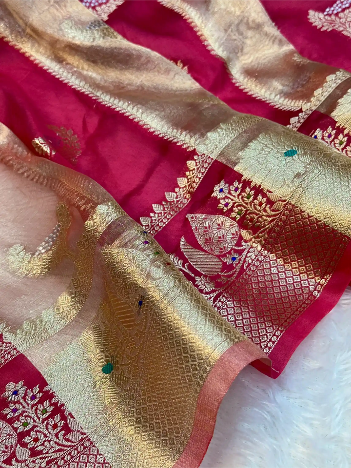 Rani Pink Rare Chinia Tissue Heritage Banarasi Saree