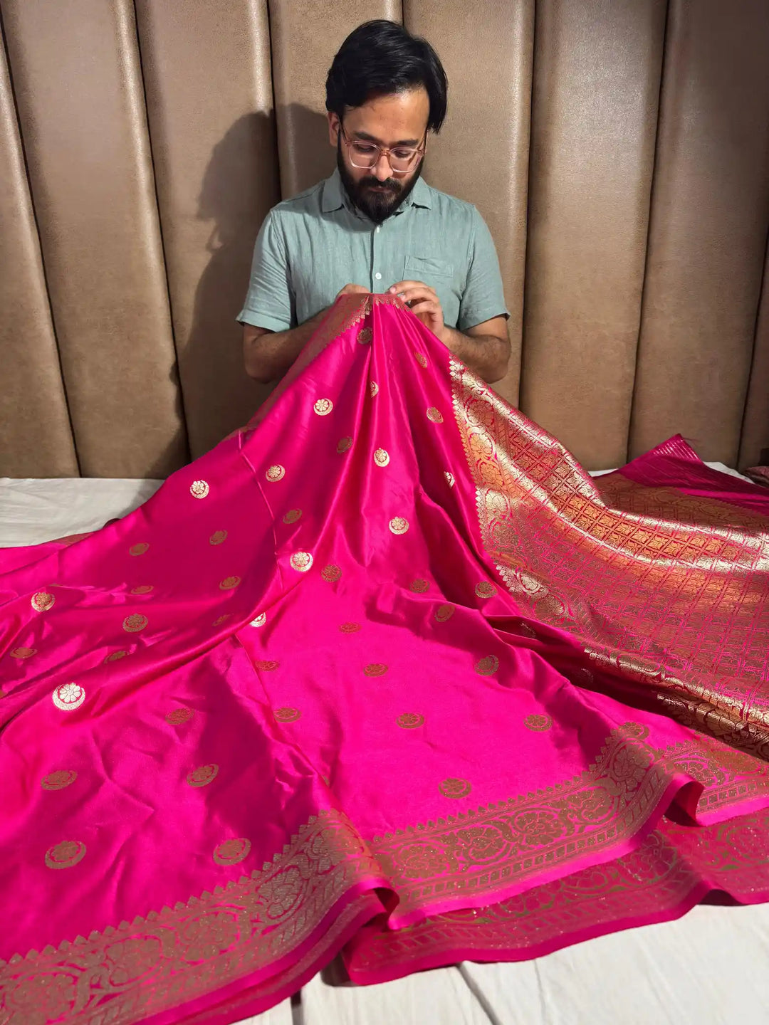 Rani Pink Satin Silk Saree with Rich Texture Design and Classical Pallu