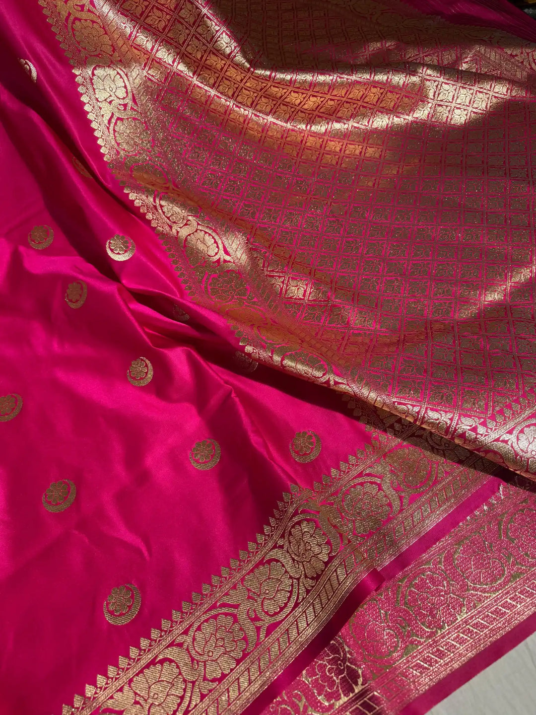 Rani Pink Satin Silk Saree with Rich Texture Design and Classical Pallu