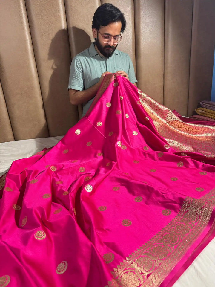 Rani Pink Satin Silk Saree with Rich Texture Design and Classical Pallu
