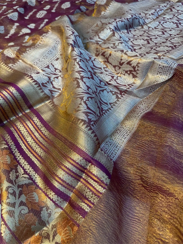 Rusted Purple Shade Crushed Tissue Silk Banarasi Saree