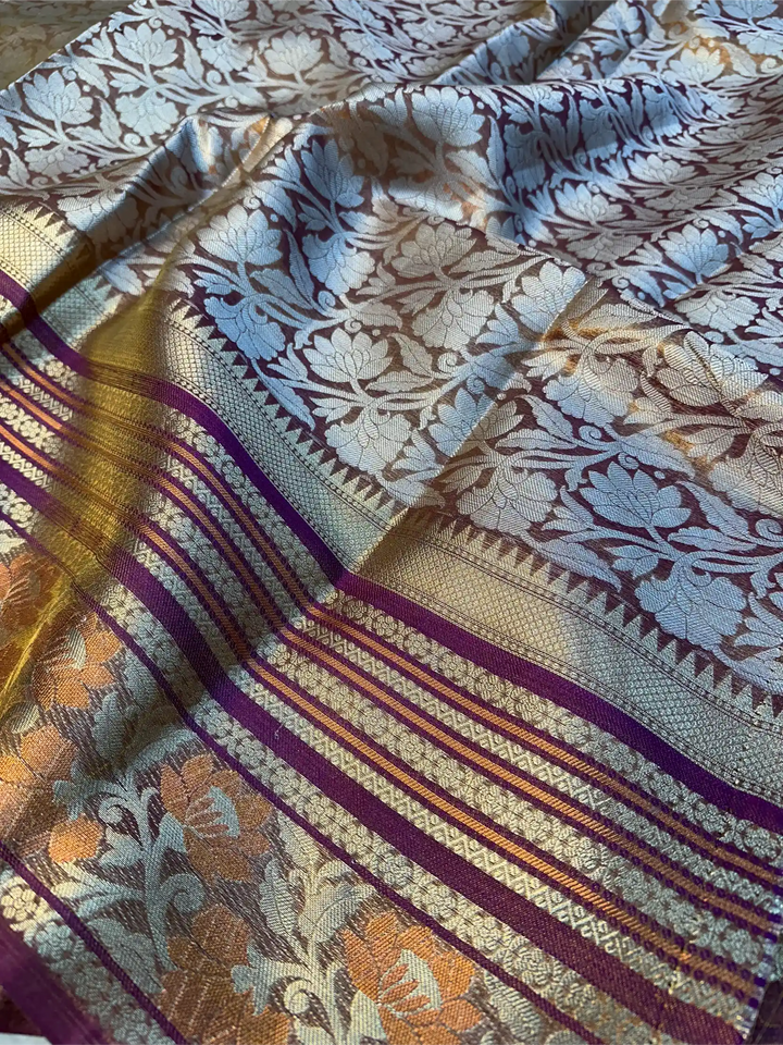 Rusted Purple Shade Crushed Tissue Silk Banarasi Saree