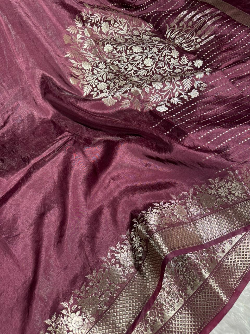 Rare Wine Crepe Chinia Silk Banarasi Saree