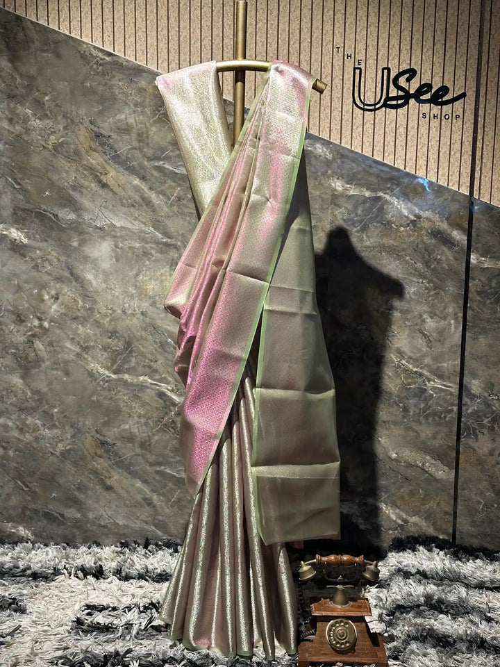 Ready To Wear Neon Green Glass Tissue Saree