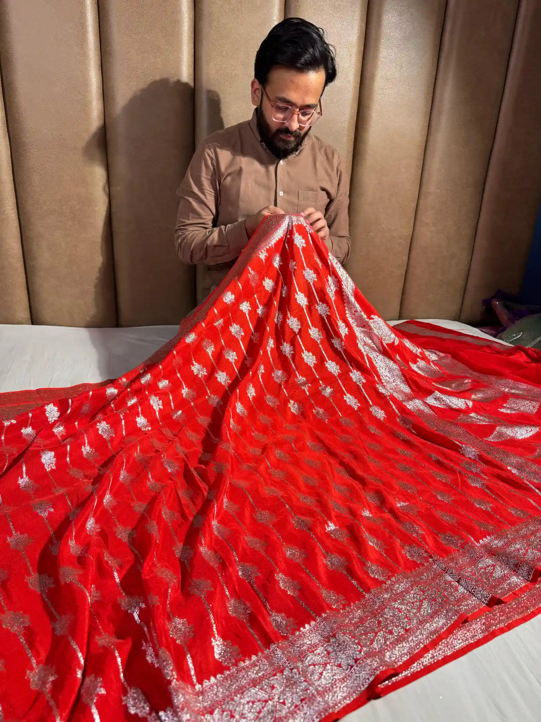 Red Banarasi Katan Silk Saree with Silver Zari Exclusive Work and Pallu
