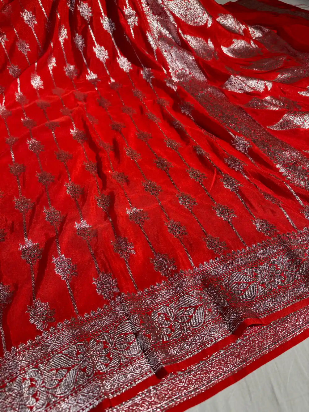 Red Banarasi Katan Silk Saree with Silver Zari Exclusive Work and Pallu