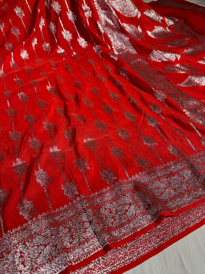 Red Banarasi Katan Silk Saree with Silver Zari Exclusive Work and Pallu
