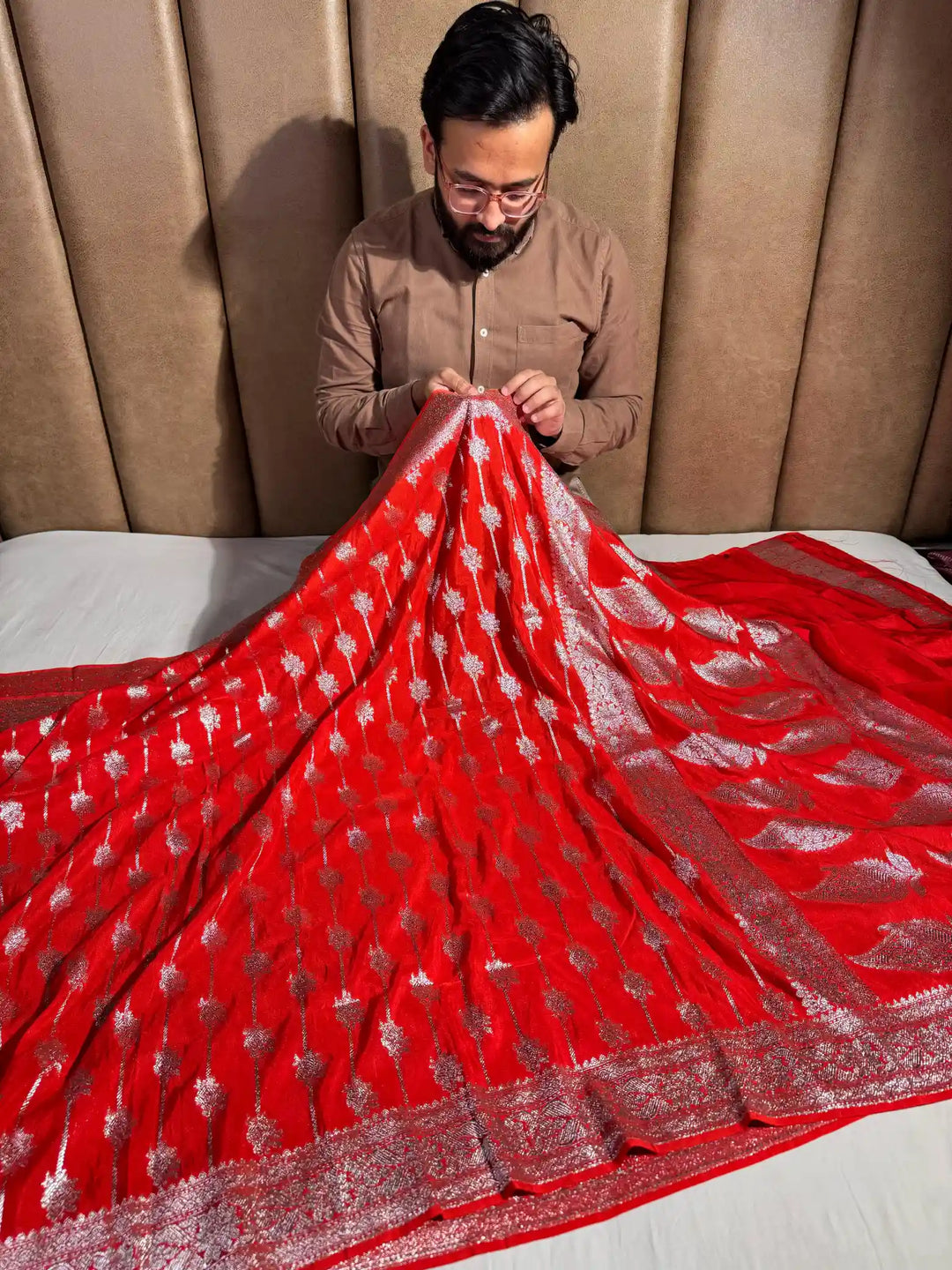 Red Banarasi Katan Silk Saree with Silver Zari Exclusive Work and Pallu