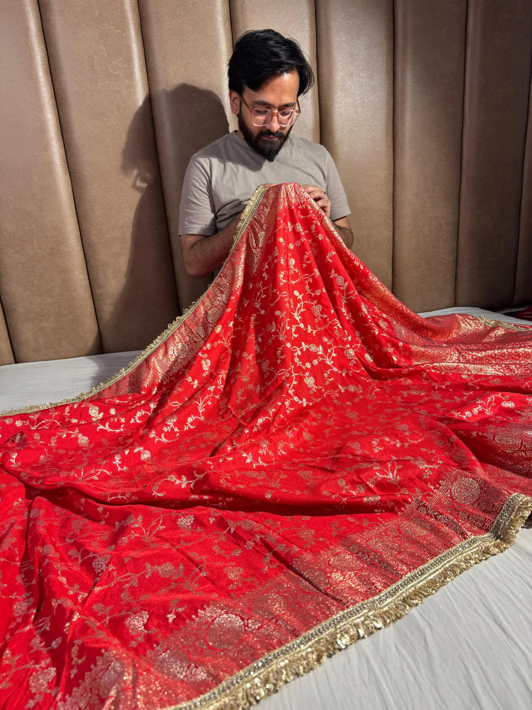 Red Banarasi georgette silk saree with silver meena work & lace work