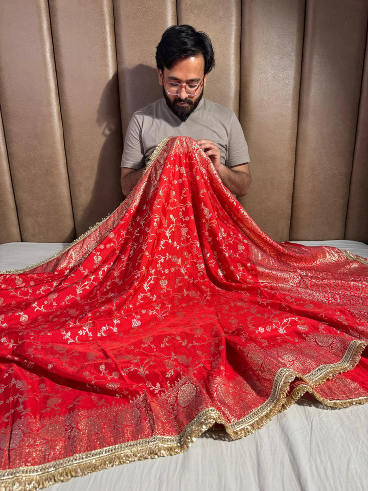 Red Banarasi georgette silk saree with silver meena work & lace work