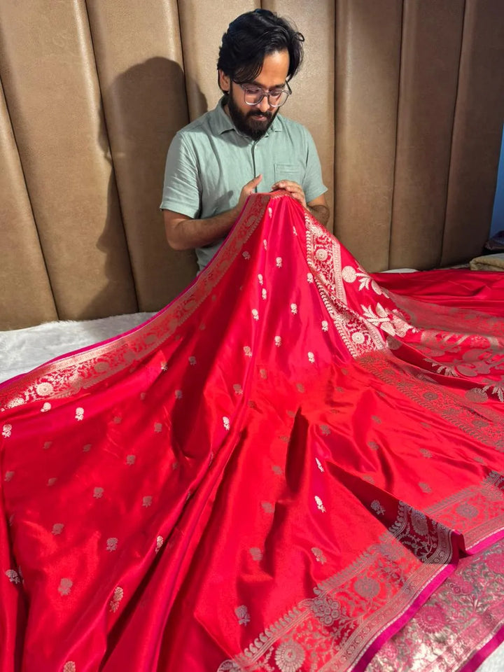 Red Mashru Katan Silk Buta Work Banarasi Saree