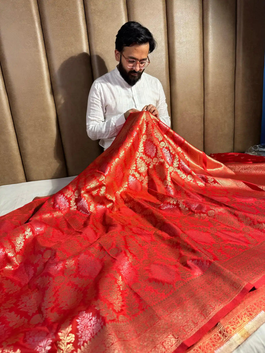 Red Nita Ambani Mam Inspired Katan Silk Saree with Rich Pallu and Blouse