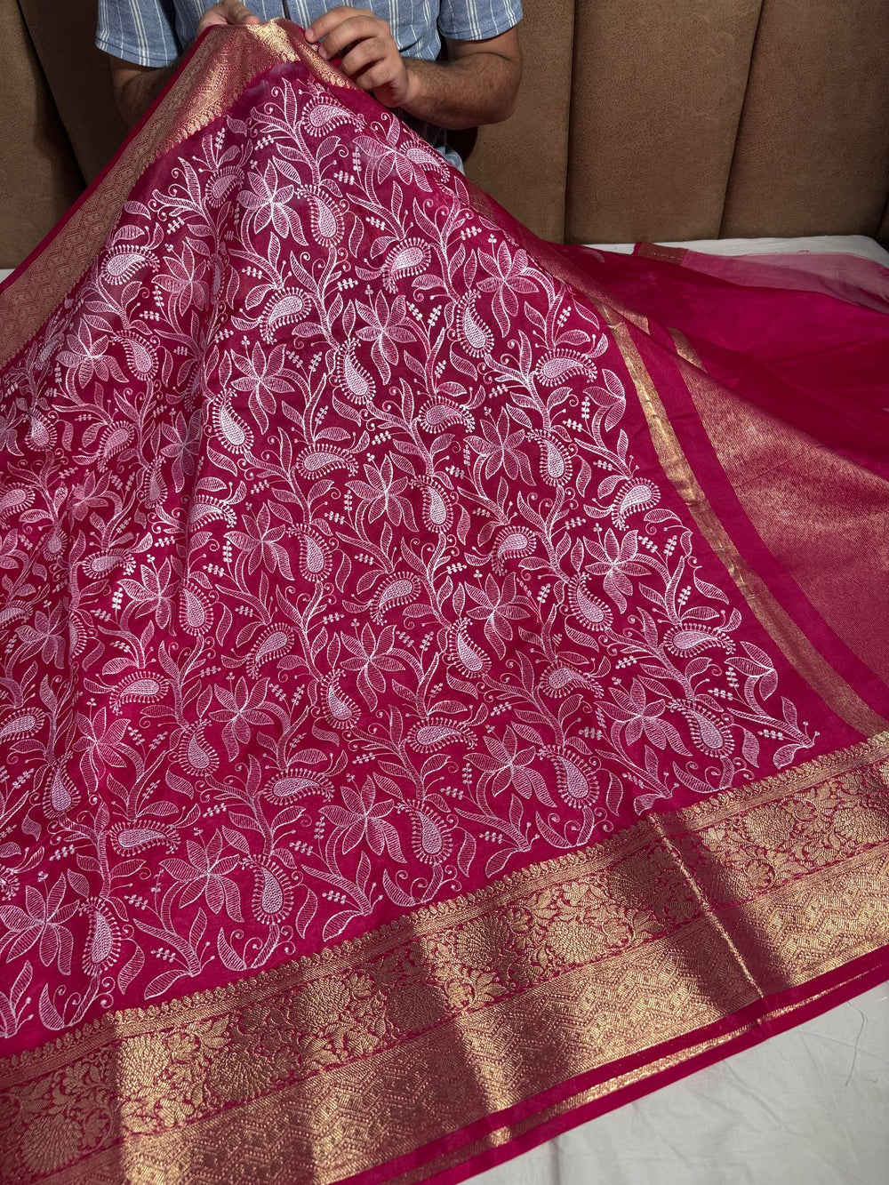 Red Premium Chikankari Work Banarasi Saree