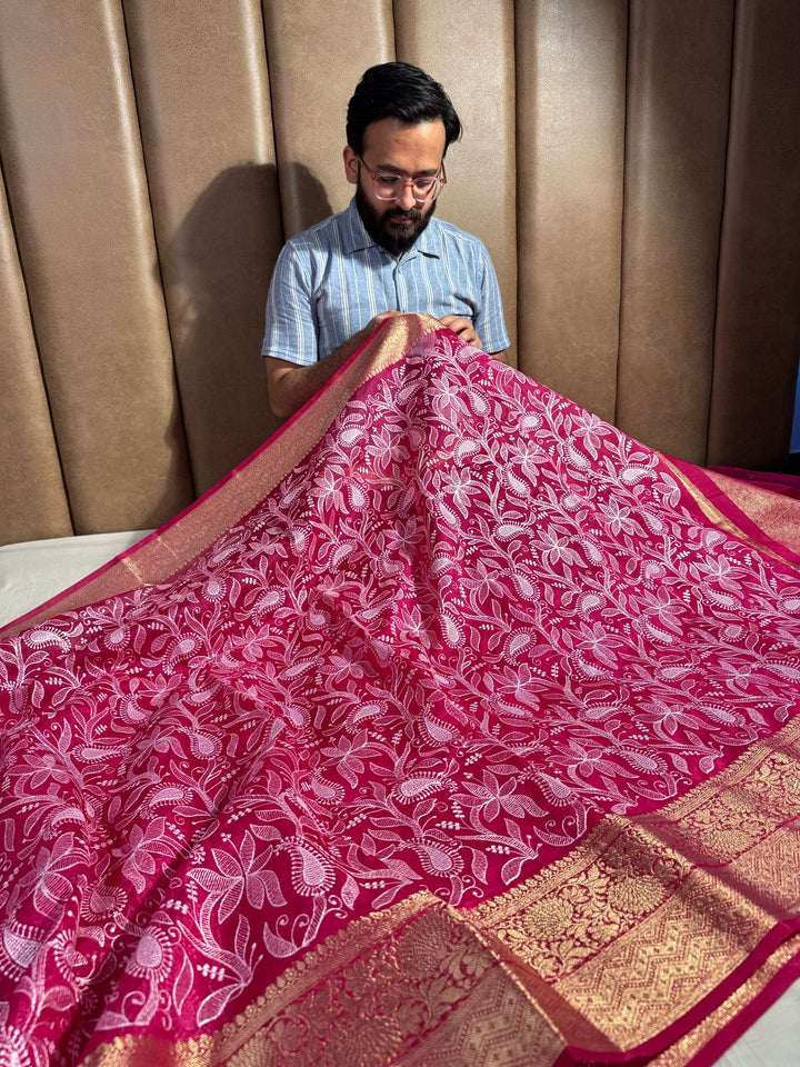 Red Premium Chikankari Work Banarasi Saree