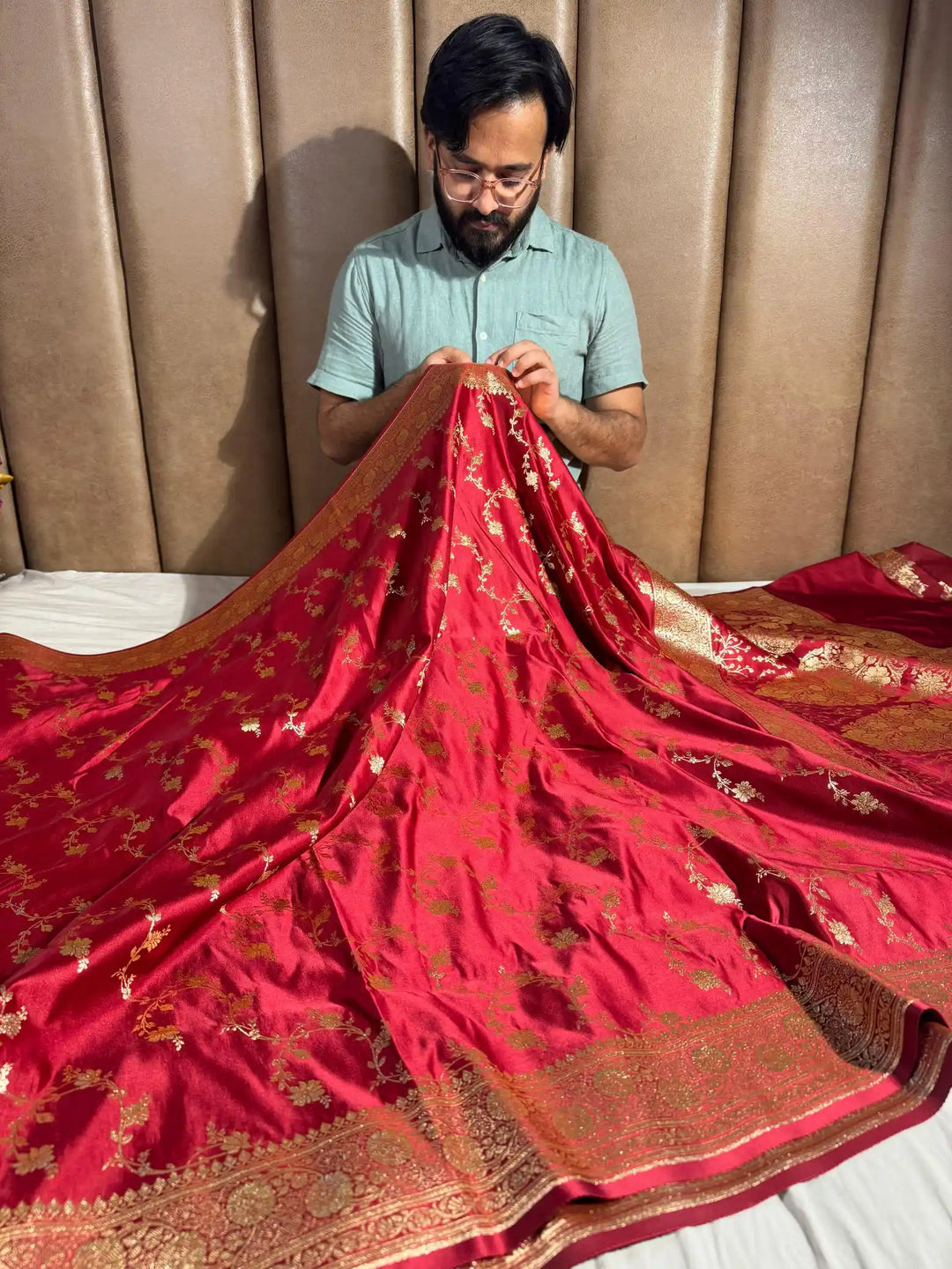 Red Satin Silk Saree with Rich Texture Design and Classical Pallu