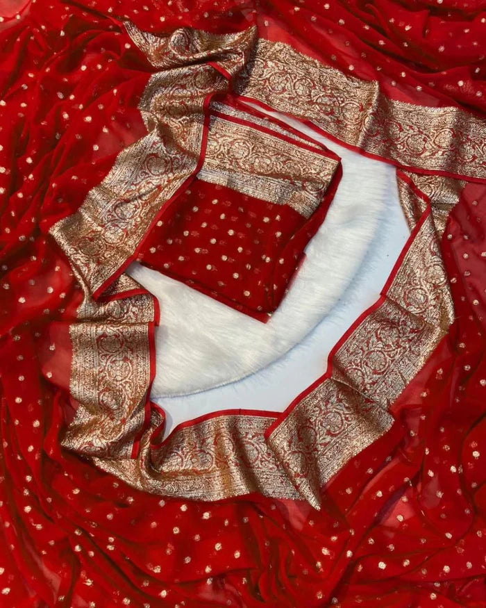 Red Viscose Georgette Golden Zari Buti Saree