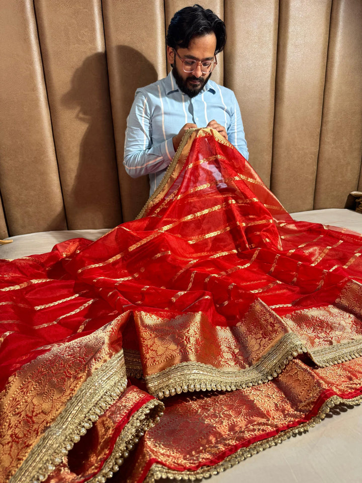 Red banarasi organza silk saree with premium lace work