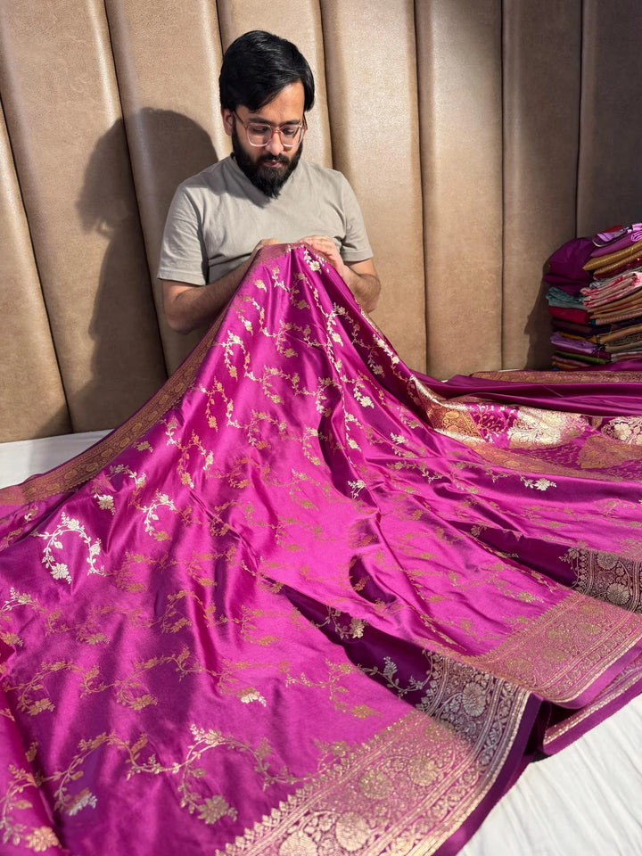 Rich purple shade satin silk saree with rich texture design and classical pallu