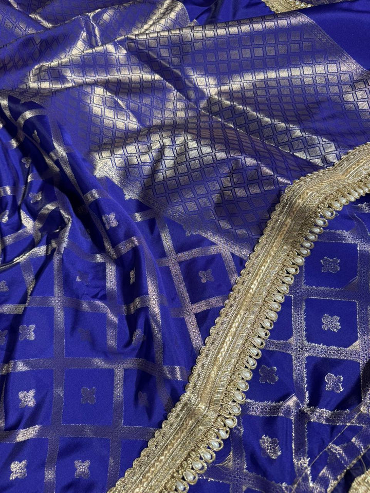 Royal Blue Chinia Silk Checkered Designer Banarasi Saree
