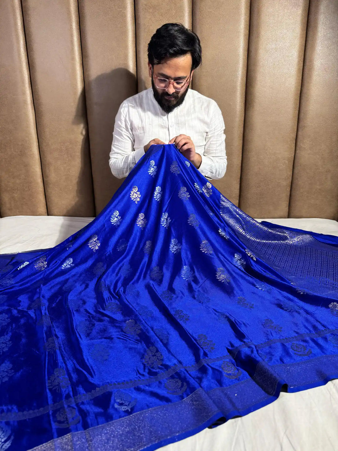 Royal Blue Mashru Katan Silk Saree with Rich Pallu and Blouse
